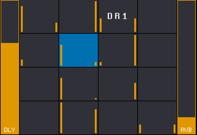 Send page: the selected pad's DLY bar raised by the CC