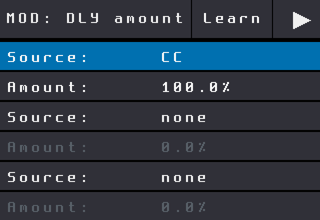 MOD page after Learn: Source CC, Amount 100 percent