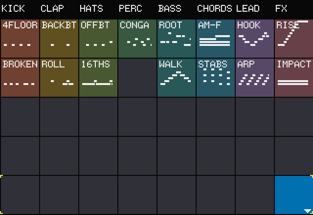 SEQS grid: eight named columns, each with its own clip colour, and white labels on the clips