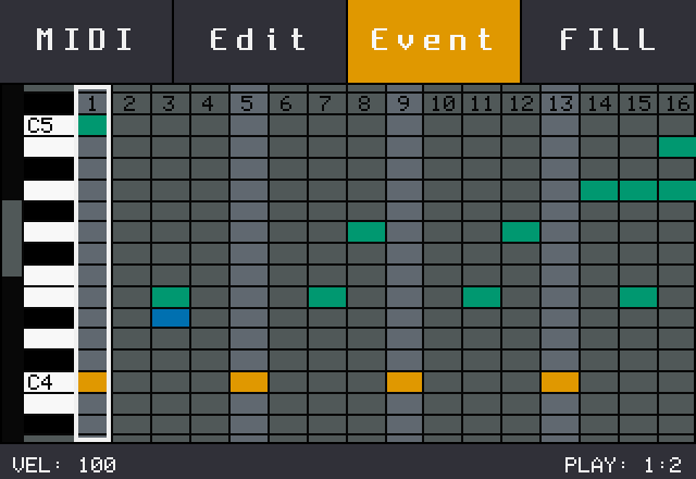 Event mode: the selected note's PLAY value at the bottom right