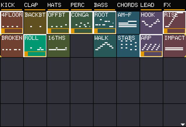 SEQS: the highlighted playing ROLL clip turns bluish green while BACK is held