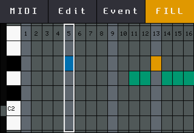 Piano roll of the ROLL clip: toolbar with FILL lit, the FILL notes in bluish green