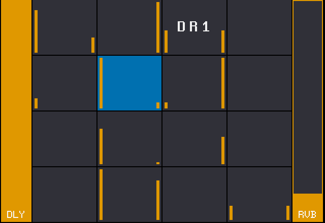 FX send page: 16 pads with send marks between full-height DLY and RVB bars