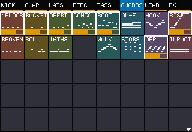 CHORDS header tapped: column stopped, header selected in blue